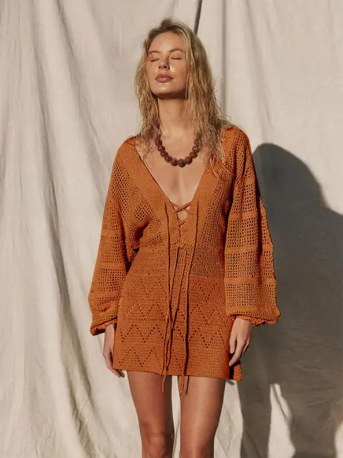 Image de Robe Mini Élégante à Lacets - Tunique Décontractée pour Plage 2025