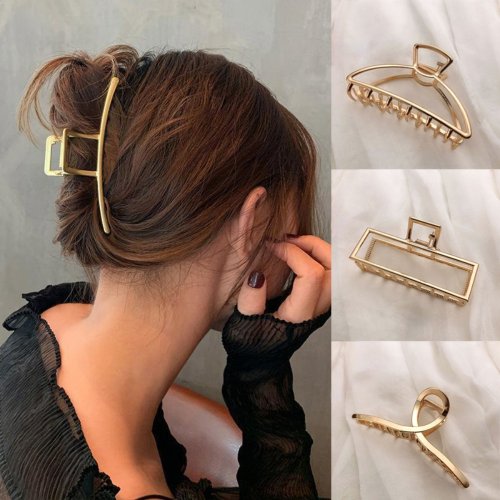 Image of Elegant Gold-Tone Hollow Geometric Hair Clips – Stylish Metal Hair Claw & Cross Design Headband for Women’s Fashion Accessories