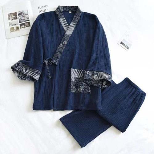Image of Premium Pure Cotton Men's Pajama Set - Japanese Kimono Style Plus Size Long Sleeve Sleepwear for Comfortable Home Wear