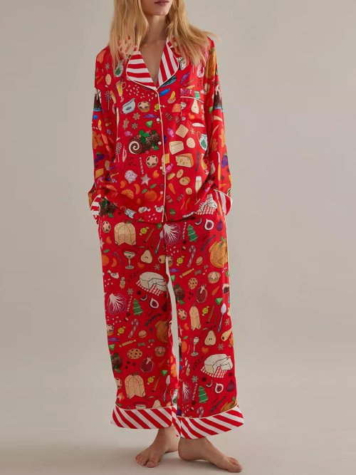 Afbeelding van Vrouwen Pyjama Set met Dierendruk – Lange Mouw Knopsluiting Top en Broek voor Comfortabele Nachtkleding en Lounge Wear