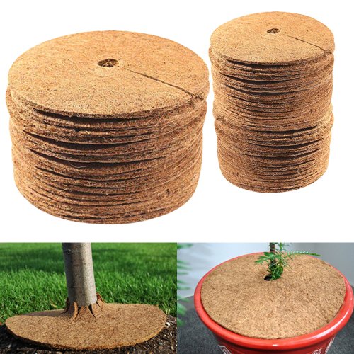 Immagine di Copertura Naturale in Fibra di Cocco per Piante – Tappeto Anti Erbacce con Effetto Idratante per Vasi e Tronchi, Dimensioni 25-45 cm