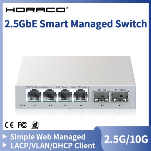 Zdjęcie HORACO 2.5GbE Smart Managed Switch 4 Port RJ45 2500Mbps Web Managed Ethernet Network Switch 2 Port 10G SFP+ Slot Home Lab Switch