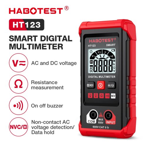 Immagine di Multimetro Digitale Intelligente Habotest HT123 con Retroilluminazione - Misuratore di Tensione CA/CC, Resistenza, Continuità e Test NCV