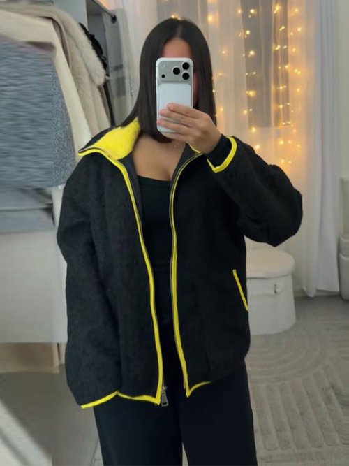 Image of Cozy Panelled Knitted Women's Cardigan with Long Sleeves, Zipper Front, Loose Fit, Faux Fur Trim – 2025 Winter Street Style All-Match Lady Coat