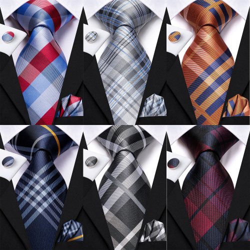 Bild von Elegante Seidenkrawatte in Blau-Weiß Karo für Herren – Hochzeitskrawatte mit passendem Einstecktuch und Manschettenknöpfen, perfekt für Business, Partys und formelle Anlässe