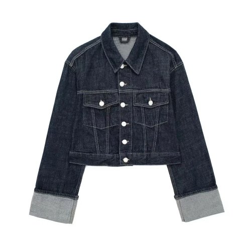 Imagen de HH-Conjunto de mezclilla a la moda para mujer, chaqueta corta informal de manga larga con solapa y b...