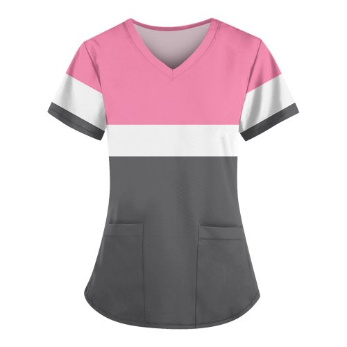 Imagen de Uniformes Médicos de Manga Corta con Cuello en V para Mujer: Ropa de Trabajo de Enfermería, Tops Casuales y Elegantes con Bolsillos, Modelo 2025