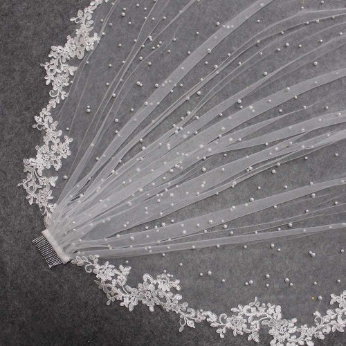 Immagine di Velo da Sposa Personalizzato con Perle e Applicazioni in Pizzo, Lunghezza 1m, 2m, 2.5m, 3m, con Pettine Incluso – Elegante Velo di Perle per Matrimonio NV9087