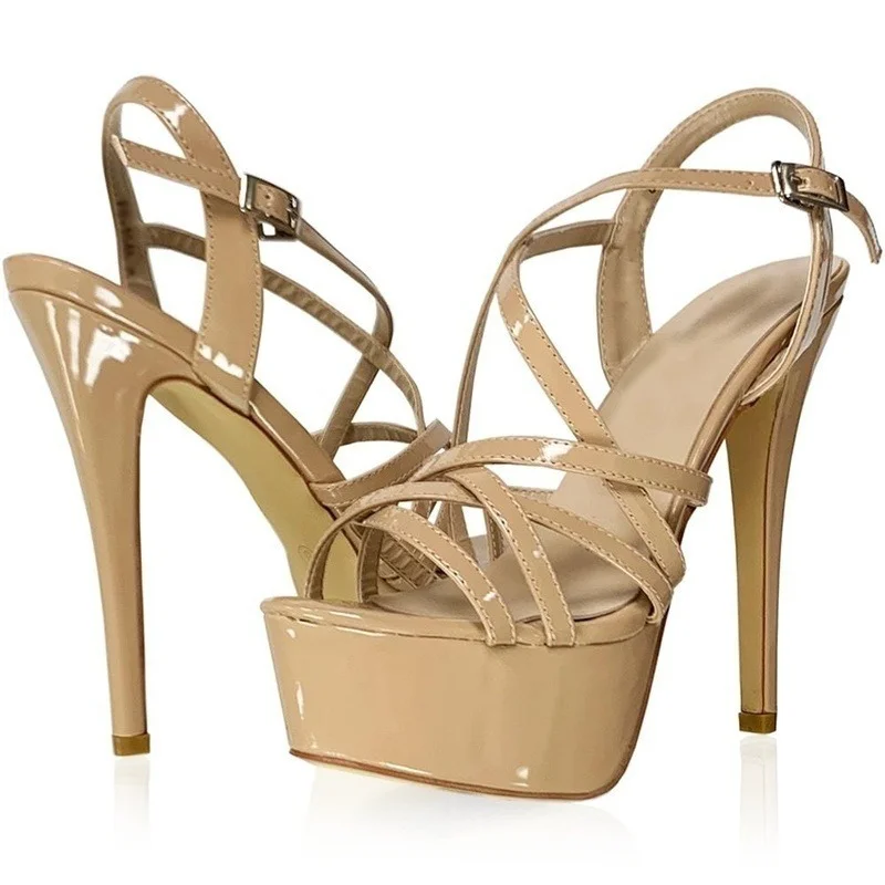 Zdjęcie Nowe damskie sandały na wysokim obcasie 14 cm z platformą – seksowne gladiator buty z paskiem na kostce, odkryte palce, idealne na imprezę, dostępne w dużych rozmiarach do 44
