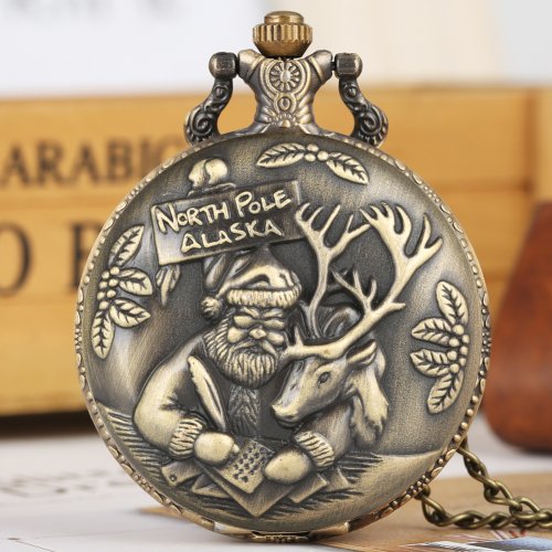 Immagine di Orologio da tasca al quarzo natalizio in bronzo vintage Orologio da parete con collana da donna per uomo Quadrante digitale arabo Orologio squisito regalo per bambini