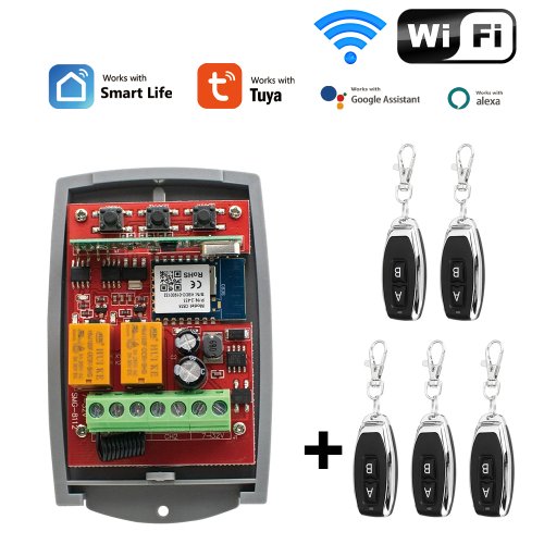 Image of Tuya Smart WiFi Door Switch with Universal Garage Door Receiver, 2-Channel Remote Control Gate Opener Controller, 433MHz RF Transmitter for Automated Home Access