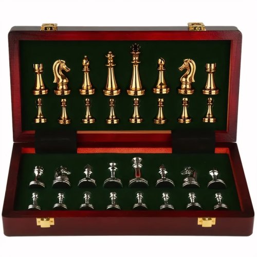 Image of Premium Wooden Checkerboard Set with Zinc Alloy Pieces – 30cm Foldable Design for Portable Play and Holiday Gifting