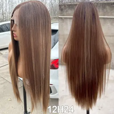 Image de Perruque Lace Frontal Lisse 30" Ombré Brun Clair Pré-Épilée