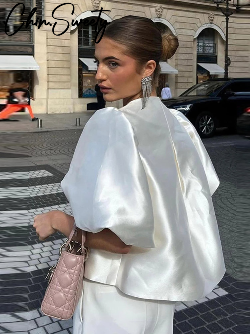 Image of Elegant Satin Lantern Sleeve Blouse for Women – Loose O-Neck Short Ruffle Top, Spring 2026 Fashion Streetwear Shirt