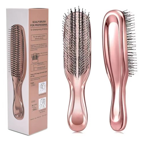 Imagen de Masajeador de Cabeza Premium Japonés con Cepillo para Cuero Cabelludo, Champú Integrado y Peine Desenredante de Plástico Húmedo en Color Oro Rosa