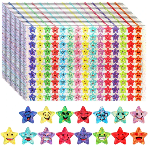 Afbeelding van 1500 stuks glinsterende sterstickers met 15 vrolijke ontwerpen – Happy Face stickers voor kinderen en leerlingen als beloning of decoratie