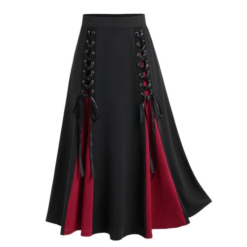 Afbeelding van Rosegal Plus Size Gotische Leren Rok met Veters, Twee-Tonige Godet Zoom Midi Jurk in Victoriaanse Stijl, Kleurrijk Y2K A-lijn Rok voor Dames