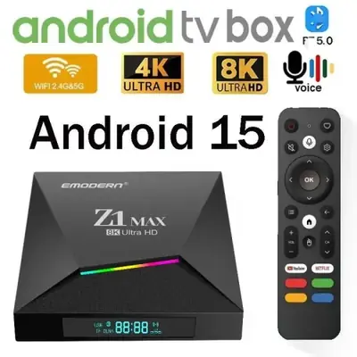 Image de Box TV 8K Android 15 avec Double WiFi et Télécommande Vocale