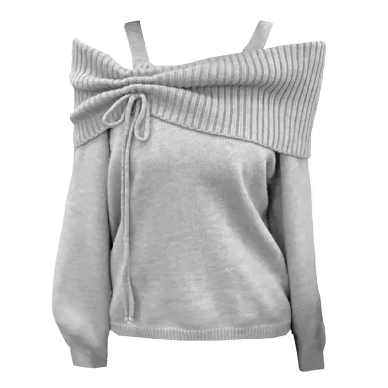 Image of Cozy Korean-Style Coquette Knit Pullover for Women – Sweet Slash Neck Long Sleeve Sweater in Grey, Autumn Winter 2000s Fashion Jumper