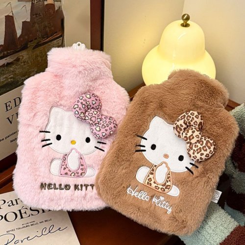Imagen de Gran oferta, bolsa de agua caliente de felpa de Hello Kitty de 500ml, bolsa de agua con estampado de leopardo de dibujos animados, forro interior grueso relleno, manos cálidas