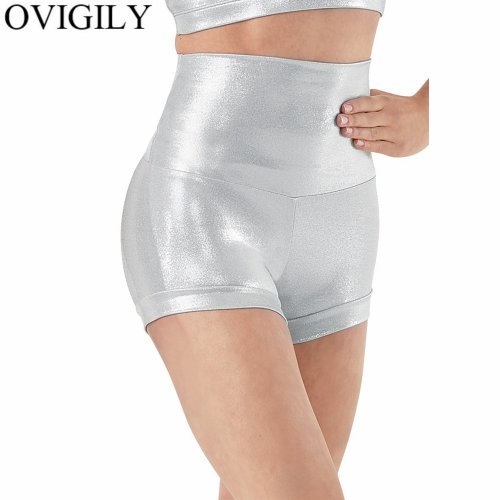 Immagine di Pantaloncini da Danza Donna con Vita Alta in Argento e Oro Metallizzato – Ideali per Performance sul Palco e Allenamenti Sportivi