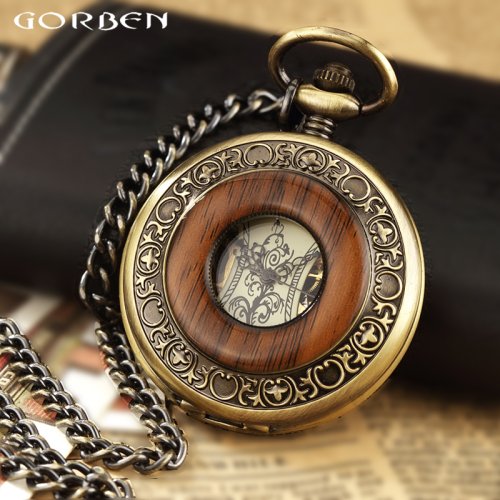 Image de Montre de Poche en Bois Steampunk - Style Squelette & Chaîne Fob