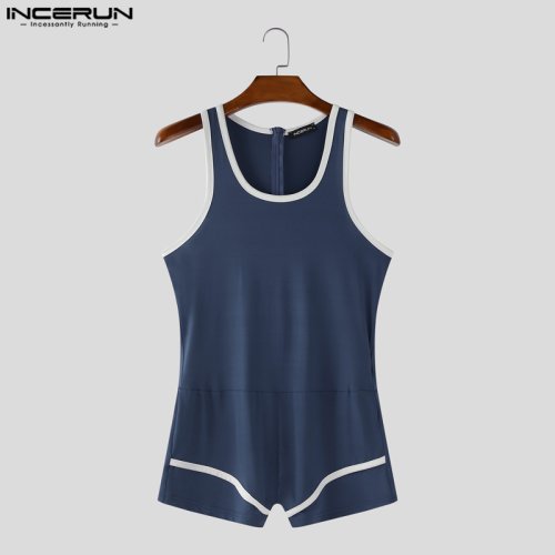 Image of Men's Patchwork O-Neck Sleeveless Bodysuit – Stylish Summer Romper for Streetwear, Workout & Casual Wear