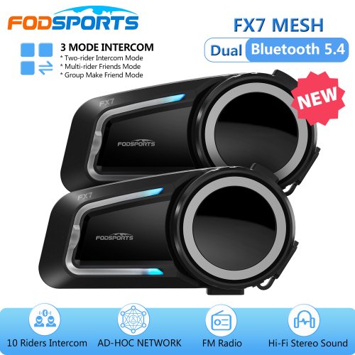 Bild von 2 Stück Fodsports FX7 Mesh Intercom Motorrad Helment Headset Dual Bluetooth 5.4 Moto Interphone, 10 Fahrer 2000M, FM Radio