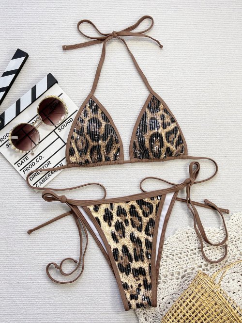 Zdjęcie Seksowny trójkątny kostium kąpielowy dla kobiet Bikini 2025 Kobiety Cekiny Leopard Print Push Up Micro Strój kąpielowy Plaża Strój kąpielowy Stroje kąpielowe