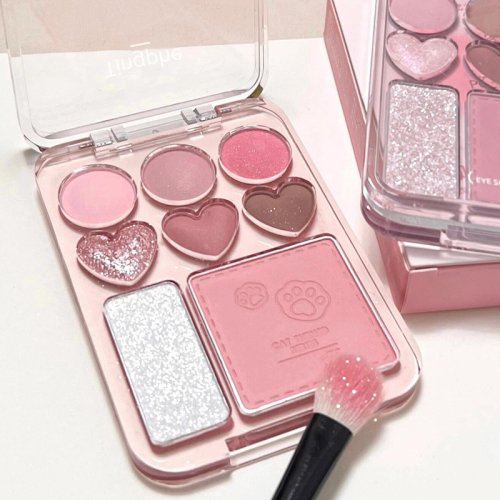 Image of Natural 8-Color Pink & Orange Heart-Shaped Eyeshadow Palette with Blush and Highlighter for Long-Lasting Radiant Makeup