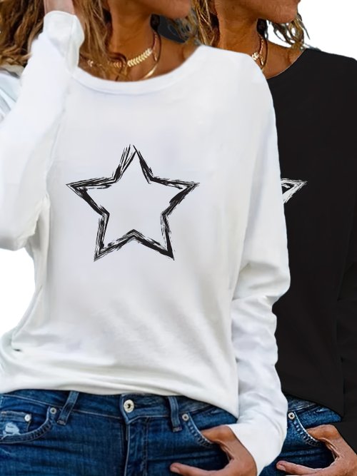 Zdjęcie Elegancki damski top z długim rękawem w stylu casual – czarno-biały nadruk serca, luźny kroój, idealny na sezon jesienny i zimowy