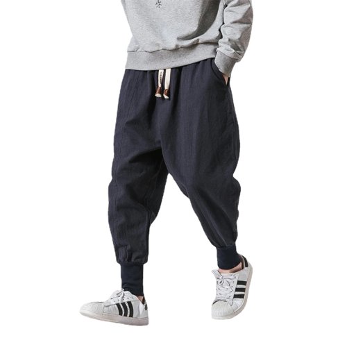 Image of Men's Cotton Linen Harem Pants with Elastic Waistband – Baggy Drop Crotch Joggers for Streetwear & Casual Wear