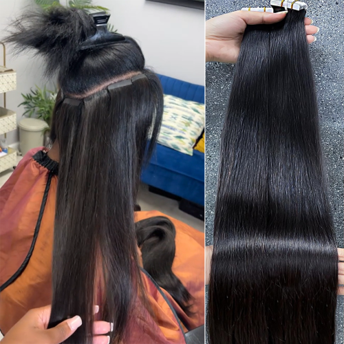Imagen de Extensiones de Cabello con Cinta Adhesiva 100% Cabello Humano Natural, Cabello Brasileño Original, 20 Piezas Rectas para Mujeres