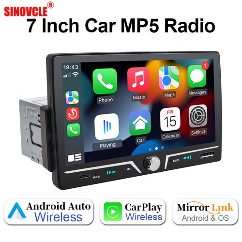 Bild von Hippcron 1-DIN Autoradio mit Wireless Android Auto und CarPlay, 7-Zoll IPS-Bildschirm, Bluetooth, Mirror Link, Typ-C-Ladeanschluss – Universelles MP5-Autoradio für jedes Fahrzeug