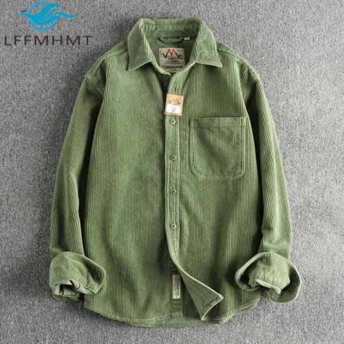 Image of Timeless Solid Color Corduroy Shirt for Men – Classic Spring Fashion Long Sleeve Blouse with American Style and Premium Dense Fabric