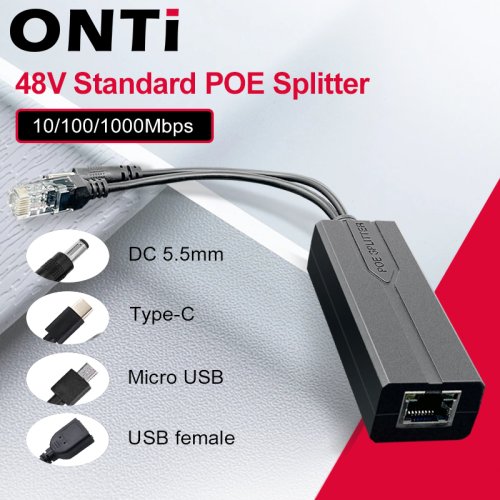 Image of ONTI 100M/1000M Standard PoE Splitter 48V to 5V/12V 1A/2A with Micro USB & Type-C for IP Camera, Router, Wireless AP