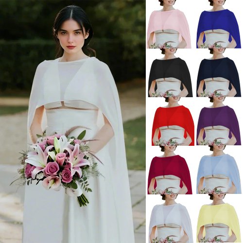 Image of Elegant Ivory Chiffon Long Cape for Brides and Formal Events – O-Neck High-Low Wrap Shawl for Wedding, Prom, Dinner Party & Evening Wear in 11 Colors