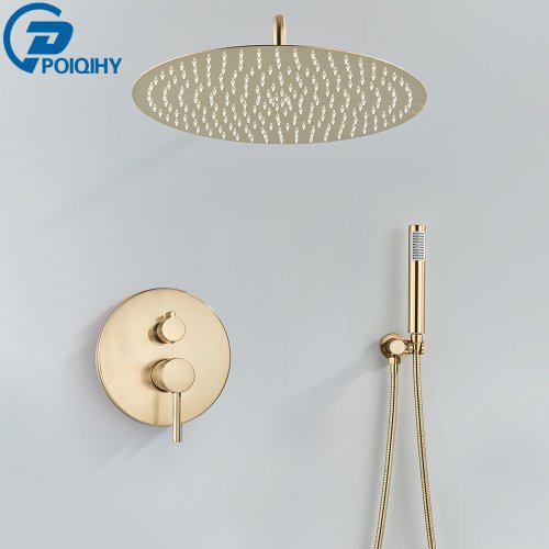 Image of Elegant Brushed Gold Wall-Mounted Rainfall Shower Faucet with Dual Function Mixers and Stainless Steel Head for Modern Bathroom Design