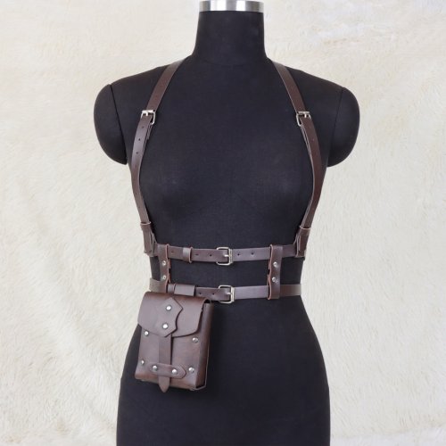 Zdjęcie Skórzany pas biodrowy damski w stylu punkowym Y2K z torbą, szelkami i gorsetem – akcesoria na Halloween i codzienne stylizacje