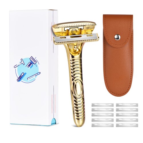 Image of Premium Manual Razor for Men with 10-Piece Blade Set – Metallic Gradient Design Luxury Shaving Kit for Smooth Beard Trimming and Facial Hair Grooming