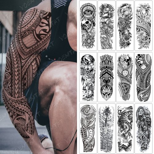 Bild von Große Vollarmmanschette mit Tribal-Totem-Design – Wasserdichte Temporäre Tattoo-Aufkleber mit Schädel, Vogel, Wolf, Tiger – Falsche Tattoos für Männer und Frauen als Körperkunst
