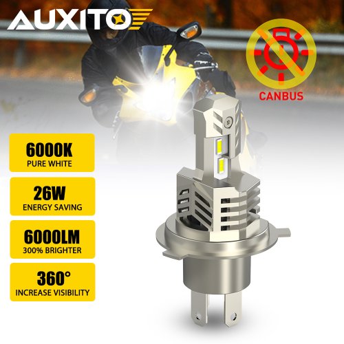 Image of High-Power 6000LM 26W LED Motorcycle Headlight Bulb 6000K Cool White Canbus Error-Free H4 Replacement for Honda, Yamaha, Suzuki Motorcycles with 360° Beam Angle
