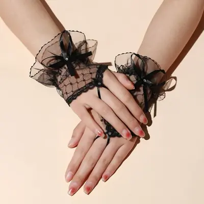 Image de Gants Lolita Dentelle Courts avec Nœud en Ruban