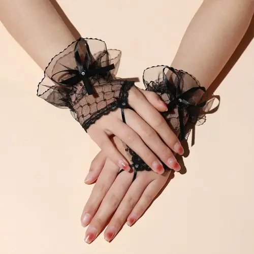Image de Gants Lolita Dentelle Courts avec Nœud en Ruban