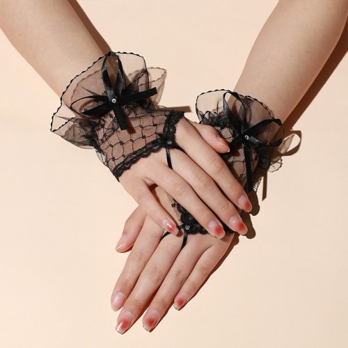 Imagen de Guantes Cortos de Encaje para Mujer, Estilo Lolita, con Lazo de Cinta Hecho a Mano y Gancho para el Dedo, Ideal para Bodas y Eventos Nupciales