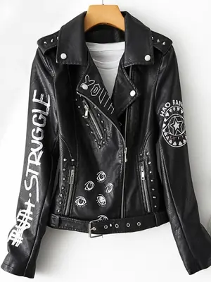 Image de Veste Faux Cuir Femme Graffiti - Style Moto & Décontracté