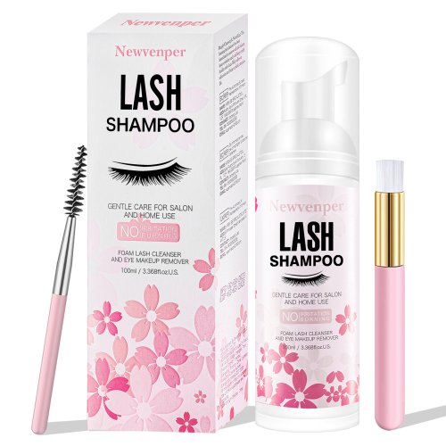 Bild von Natürliches Wimpern-Shampoo mit Reinigungs-Pinsel & Mascara-Zauberstab – Schäumende Augenlid-Reinigung, Verlängerungs-Reiniger & Make-up-Entferner, 100 ml
