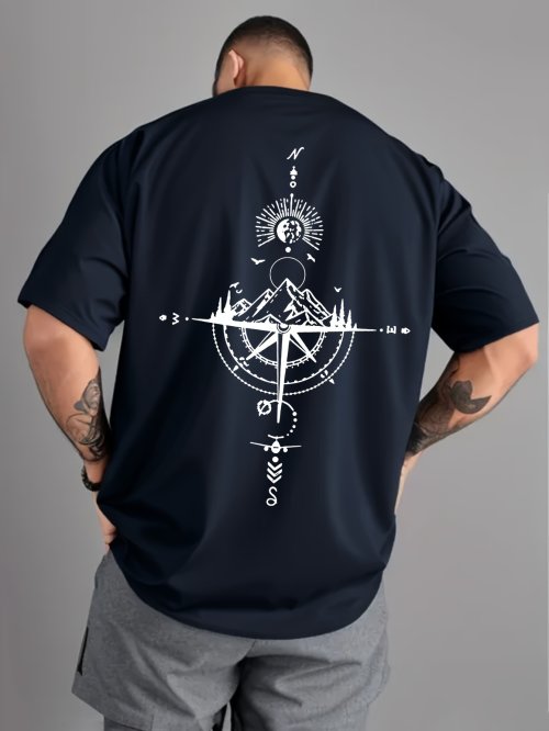 Afbeelding van Zomerse Heren T-Shirt van 100% Puur Katoen – Losse Oversized Fit met Retro Kompas Bedrukking, Comfortabel en Casual voor Dagelijks Gebruik