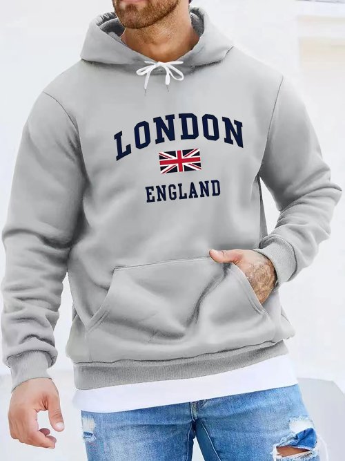 Immagine di Felpa con Cappuccio Ampia e Stile Casual per Uomo, Modello Autunno-Inverno, Maglione Caldo a Maniche Lunghe con Stampa, Design Moderno da Londra, Inghilterra