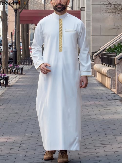 Bild von Elegante Islamische Herrenmode: Bestickte Jubba Thobe mit Stehkragen – Langer Ethnischer Mantel im Mittleren Osten Stil für Männer 2026